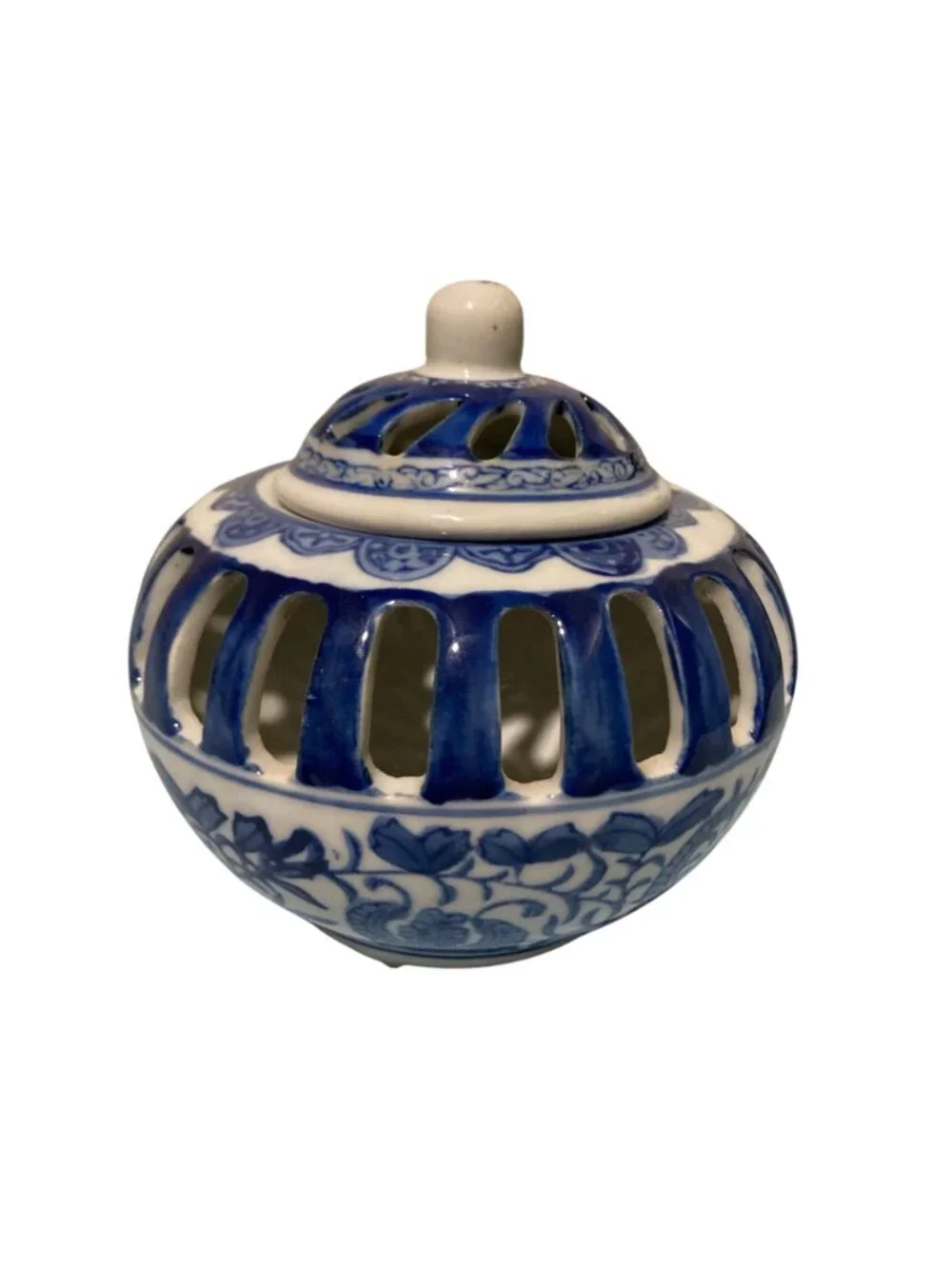 Vintage Blue and White Pierced Porcelain Chinoiserie Potpourri Vessel with Lid